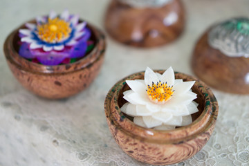 Obraz na płótnie Canvas cute lotus carved soap flower with wood storage case