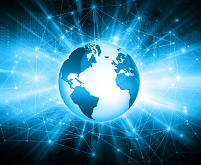 Best Internet Concept of global business. Globe, glowing lines on technological background. Electronics, Wi-Fi, rays, symbols Internet, television, mobile and satellite communications