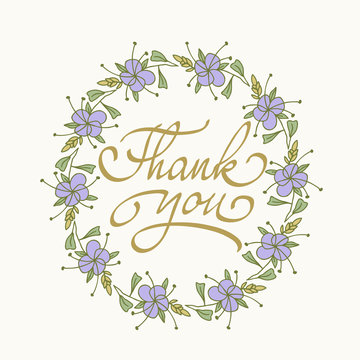 Card template with hand drawn flower border and hand written Thank You text. Vector illustration.