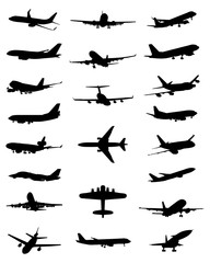 Black silhouettes of different aircrafts, vector