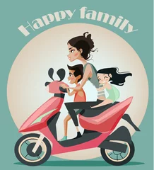 Foto op Plexiglas Family of mother and two kids on motorbike. © cofeee