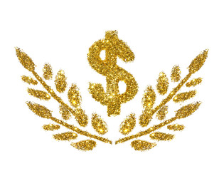 Dollar sign and twigs with leaves of golden glitter sparkle on white background. Concept of prosperity