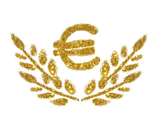 Euro sign and twigs with leaves of golden glitter sparkle on white background. Concept of prosperity