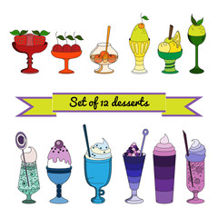 Set of color icons of sweet cocktails, desserts, ice cream.