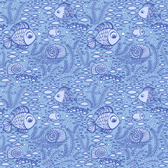 Blue hand drawn fishes. Wallpaper textile seamless fish pattern.