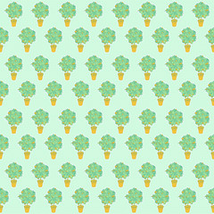 Seamless pattern of small tangerine tree in a pot in contour sty