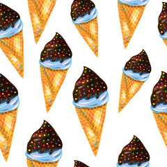 Seamless pattern with ice cream in a waffle cone
