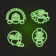 Happy Patricks day Happy set of emblems. Neon sign for pub and b