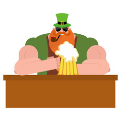 Leprechaun drinking beer. Big and serious leprechaun at  bar hol