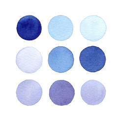 Hand drawn colorful blue and lilac watercolor circles, isolated over white