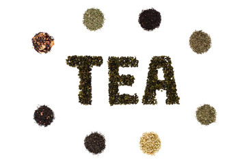 The inscription is made from tea leaves on white background