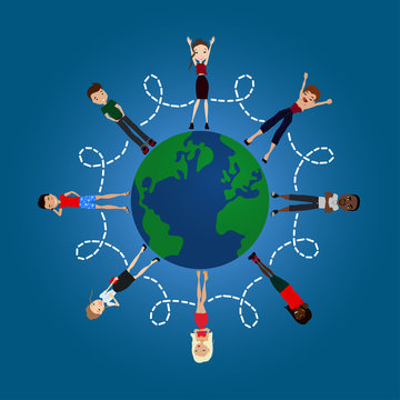 Vector Flat Design World Peace Illustration with the Earth Globe, People and Friendship