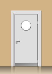 Wooden door in vector graphics on the wall in the interior of the room