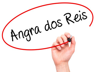 Man Hand writing Angra dos Reis with black marker on visual scre