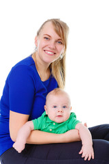 Happy and smiling Young mother and son, mom playing With Their Baby kid boy 4 month old. Isolated on White Background. Concept happy family