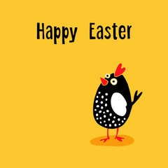 Happy Easter greeting card with funny chicken, hand drawn cartoon character, vector