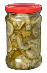 Glass jar with pickled cucumbers