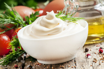 Homemade mayonnaise with chicken eggs and mustard oil, selective