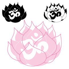 Set of three vector Lotus flowers with OM symbol. Beauty design template, logo in pink,black and white hand drawn lotus or lily