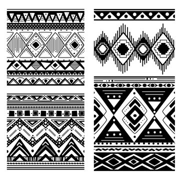 Seamless tribal texture.Vintage black and white ethnic patterns set. Abstract ornament vector background