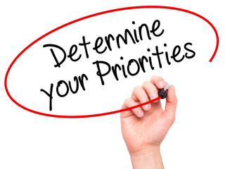 Man Hand writing Determine your Priorities with black marker on