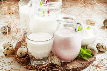 Farm organic dairy products, selective focus