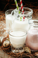 Farm organic dairy products, selective focus