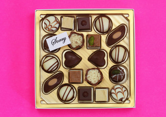 Sorry card with box of assorted chocolates on pink surface
