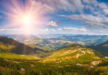 Beautiful landscape in the mountains at sunshine.View from the top of  peak.