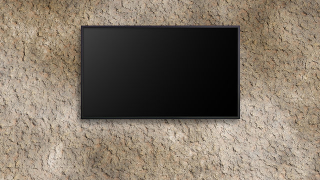 led tv display on Sand texture wall black