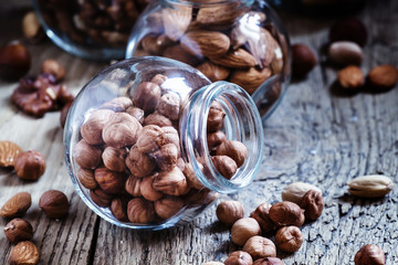 Peeled hazelnuts, selective focus