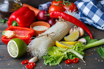 Ingredients for vegetarian noodles with vegetables 