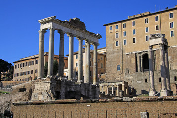 ROME, ITALY - DECEMBER 21, 2012: Ruins of the Temple of Saturn at Roman Forum, Rome, Italy