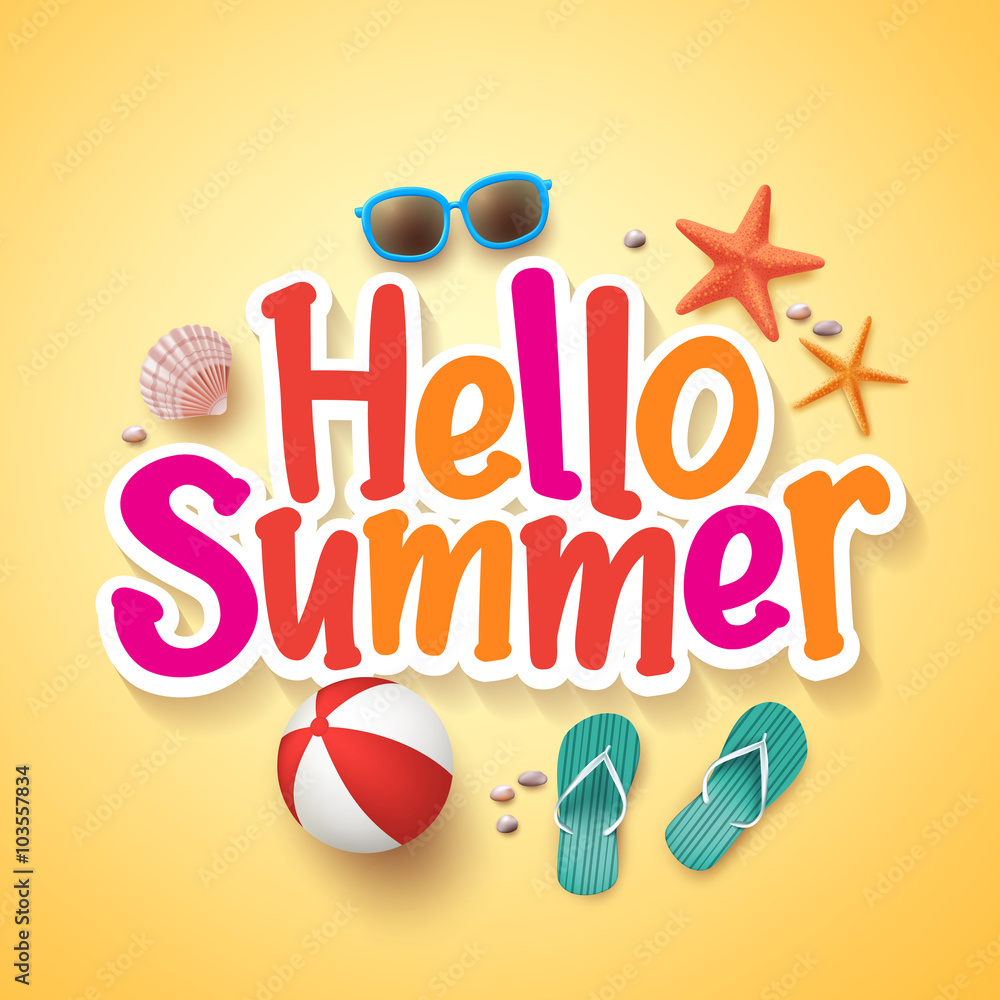 Poster hello summer text title poster design with realistic 3d vector elements and decorations in yellow ba