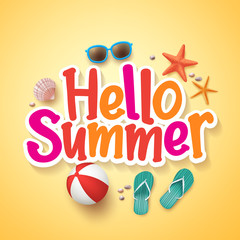 Hello Summer Text Title Poster Design with Realistic 3D Vector Elements and Decorations in Yellow Background. Vector Illustration
