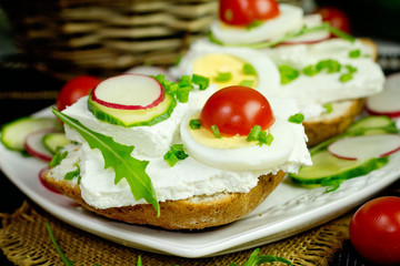 spring sandwich with curd cheese and chives.Shallow depth of fie