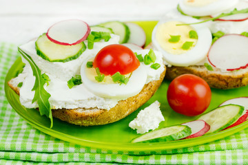 spring sandwich with curd cheese and chives.Shallow depth of fie