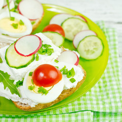 spring sandwich with curd cheese and chives.Shallow depth of fie