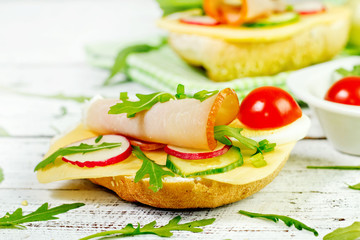 spring sandwich with curd cheese and chives.Shallow depth of fie