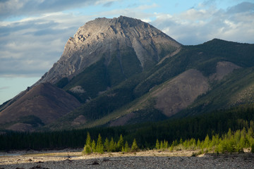 Mount with a rounded top. River Omulevka. Magadan Region. Russia.
