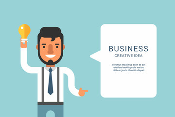 Business Concepts with Businessman Cartoon Character. Businessman with Speech Bubble. Creative Idea. Vector Illustration in Flat Design Style