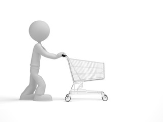 3d little man push shopping cart