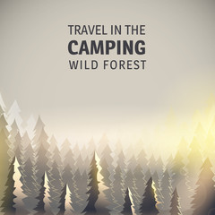 Illustration of trees, wildlife, solar illumination, can be used for camping background.