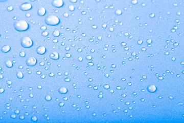 Drops of water on a color background. Blue. Shallow depth of fie