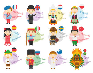 Vector illustration of cartoon characters saying hello and welcome in 12 different languages: english, french, spanish, german, italian, russian, dutch, sweden, greek, polish, turkish and portuguese.