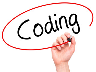 Man Hand writing Coding with black marker on visual screen