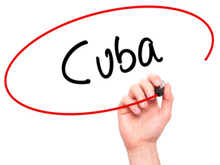 Man Hand writing Cuba with black marker on visual screen