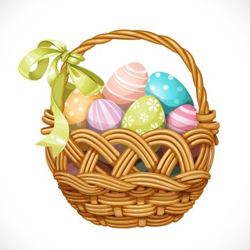 Basket with color Easter eggs isolated on a white background