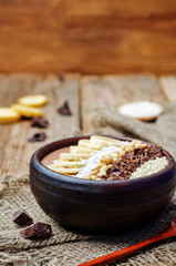 chocolate smoothie with banana, coconut, pine nuts, chocolate an