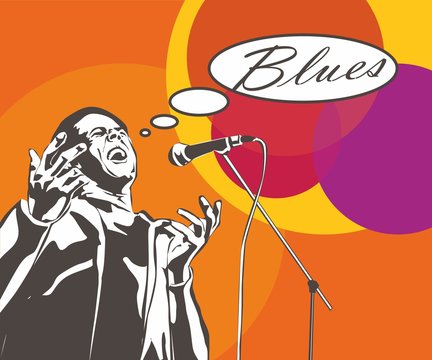 Векторный рисунок блюзового певца перед микрофоном (vector illustration of a blues singer with microphone)